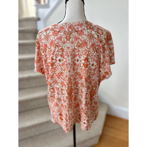 Rachel Zoe Orange Floral Block Print Linen Short Sleeve V-Neck Henley T-Shirt - Picture 2 of 6